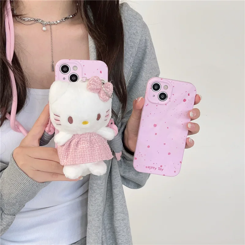 

Sanrio Anime Iphone15 Hellokitty Plush Phone Case Kawaii Cartoon Pink Lanyard Aslant Young Girl Beauty Accessories Birthday Gift