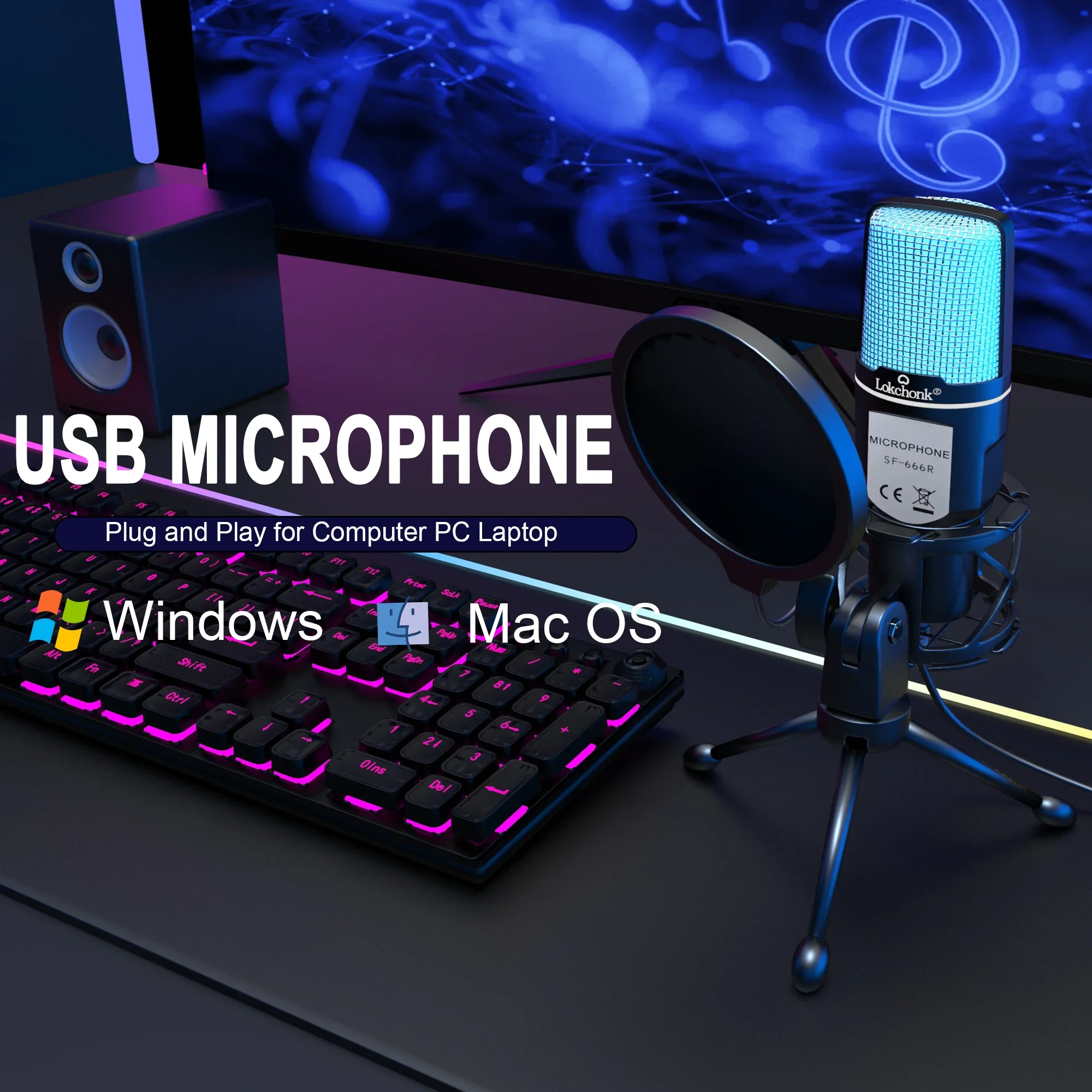 Micrófono Profesional RGB USB, Micrófono de Condensador con Cable para Juegos, Podcast, Grabación en Estudio, Transmisión en Vivo, Computadora Portátil, PC de Escritorio