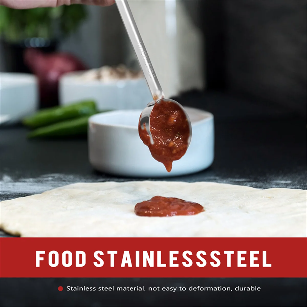 B60APizza Spread Sauce Ladle Rubber Handle Flat Bottom Kitchen Cooking Spoon Stainless Steel Measuring Stir Soup Spoon -2 Oz