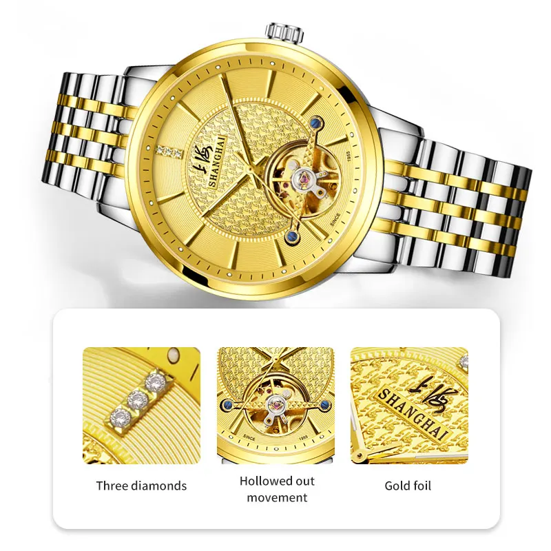 شنغهاي دولاب الموازنة سلسلة ساعة ميكانيكية للرجال الأعمال فستان ساعة الياقوت الزجاج مضيئة الأيدي التقويم عرض SH6008