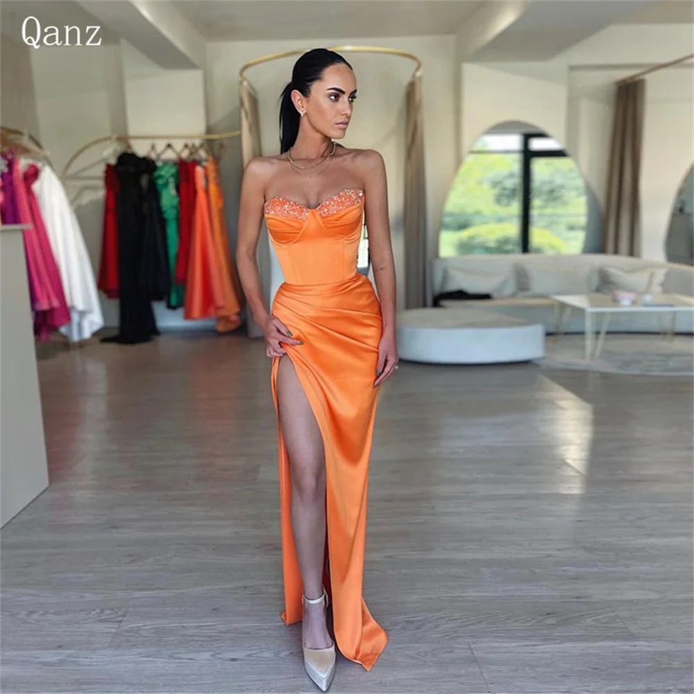 

Qanz Gorgeous Mermaid Evening Dresses For Women Fashion Sweetheart Vestido Mujer Elegante High Slit Glitter Sequins Prom Gowns