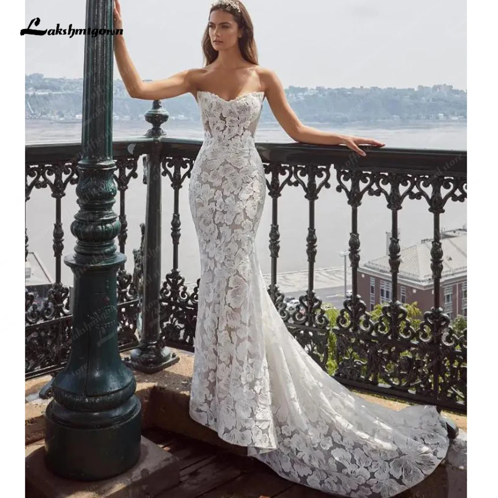 Lakshmigown Sexy Sweetheart Full Lace Mermaid Bridal Gown Appliques Born Bodce Embellished Fit Flare Wedding Dresses trouwjurk