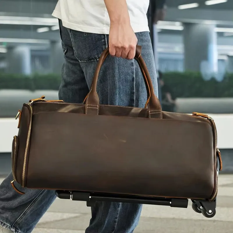 Leather Men's Folding Travel Bag Trolley Storage Clothing Luggage Luggage Men's Leather Travel Bag