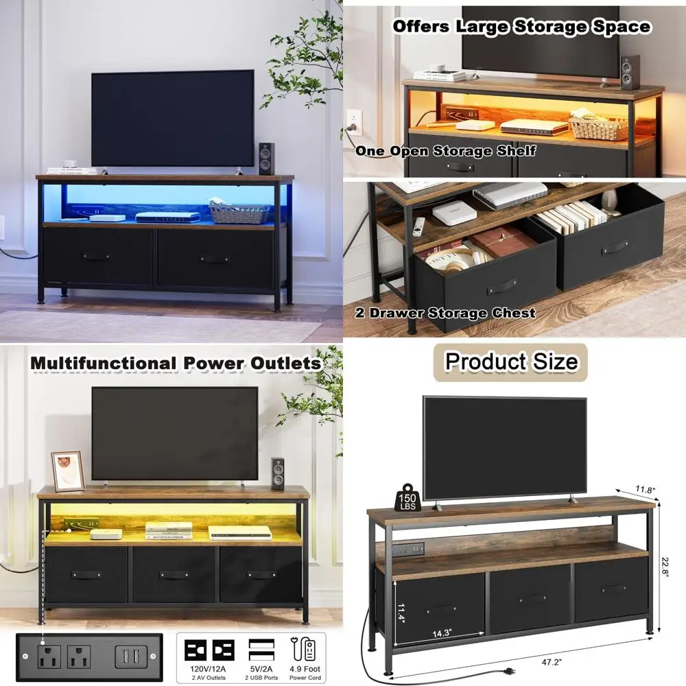 Gaming Entertainment Center, LED-lit Media Console with Charging Station, Storage Drawers for TVs up to 50 inches