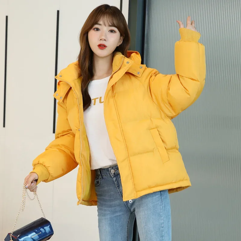 2024 Winter Women Jacket Yellow Short Hooded Cotton Padded Female Coat Thicken Warm Outwear Loose Waterproof Women Parka Femme