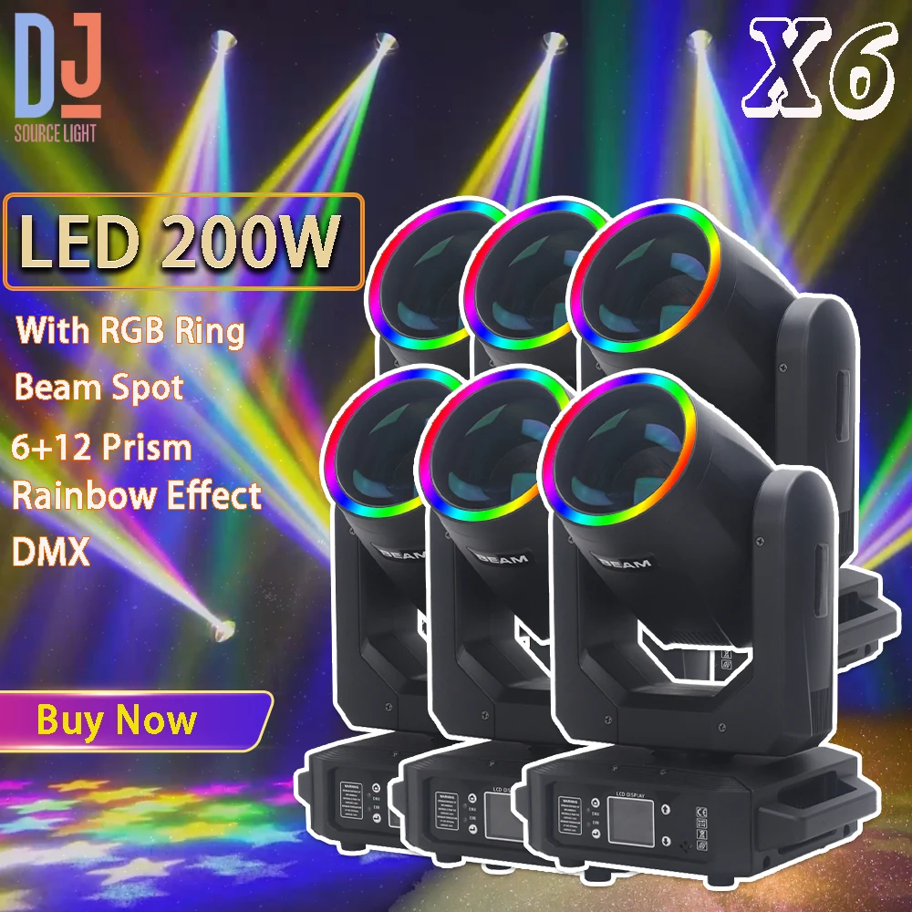 6Pcs 200W LED Beam Moving Head Light With Aperture Spot 18 Prism Rainbow Effect Stage Lights Dmx Dj Disco Party Wedding Bar Lamp