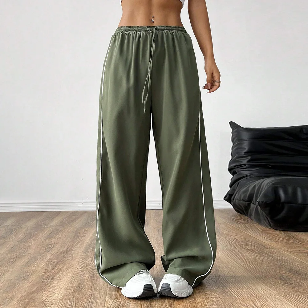 

Casual Loose Wide Leg Pants Elastic Waist Color Block Insert Strip Design Polyester Fiber No Ironing Required Ladies Leisure