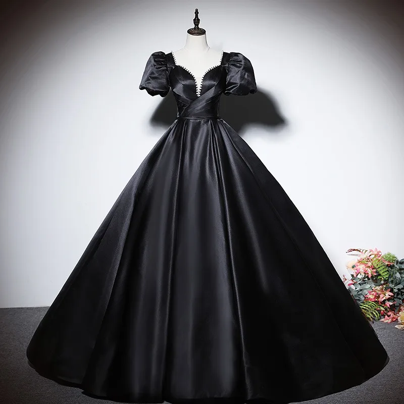 2025 New Autumn Ladies' Elegant Black Square Neck Satin Evening Dress Fashionable Slimming Banquet Socialite Grand Pendant Dress