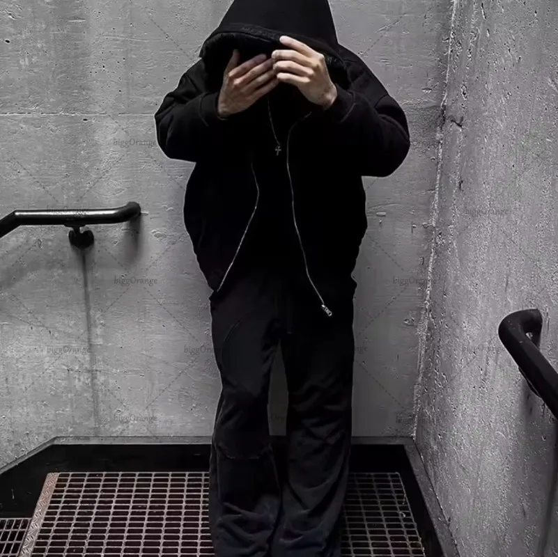 Black Harajuku Gothic Streetwear Vintage Oversized Zipper Hoodie Women Y2K New Retro Hip Hop Fashion Casual Loose Sweatshirt Men