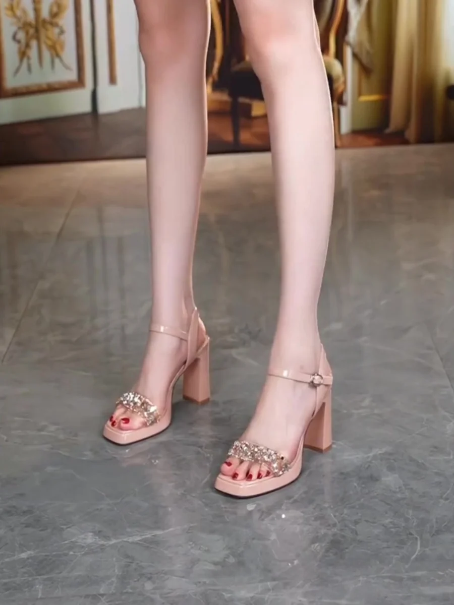 Sweet Pink Rhinestone Open-Toe Square Head High Heels Women's Summer 2025 Date Buckle Strap Thick Heel Sandals Fashionable