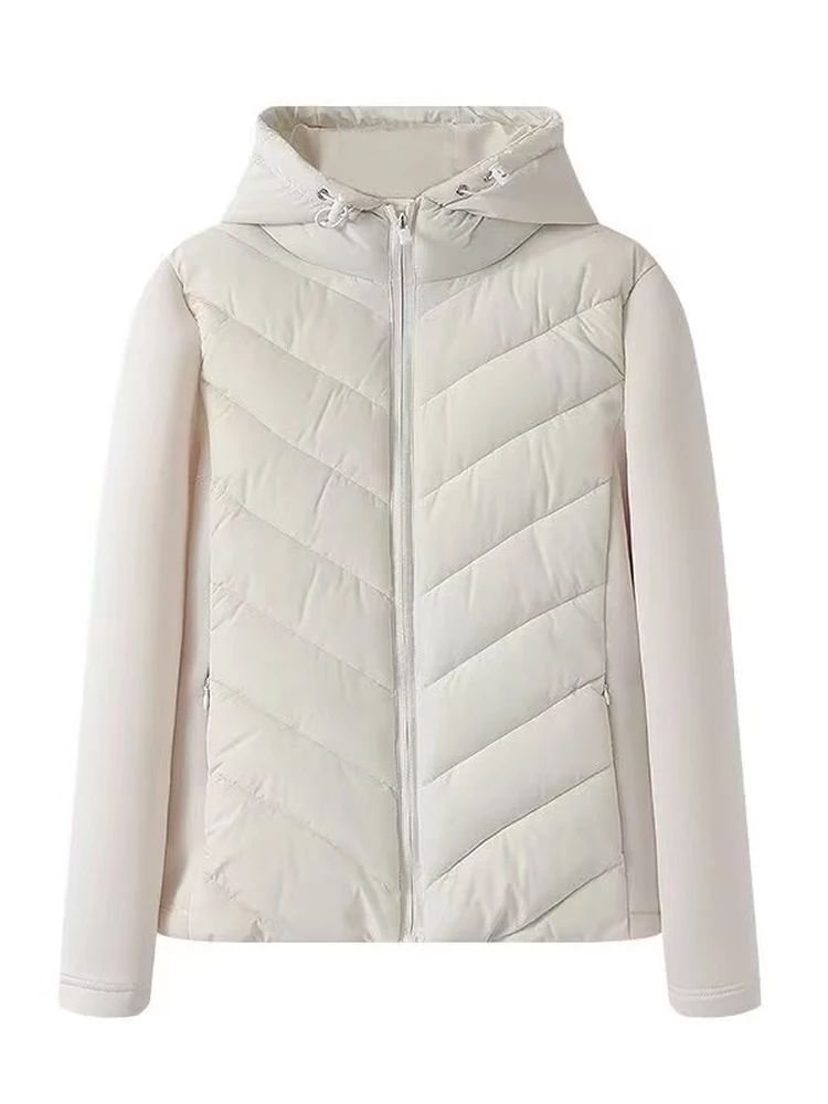 Autumn Winter New Style Pure Color Patchwork down Cotton Hooded Lightweight Long Sleeve Stand Collar Women's Black Jacket