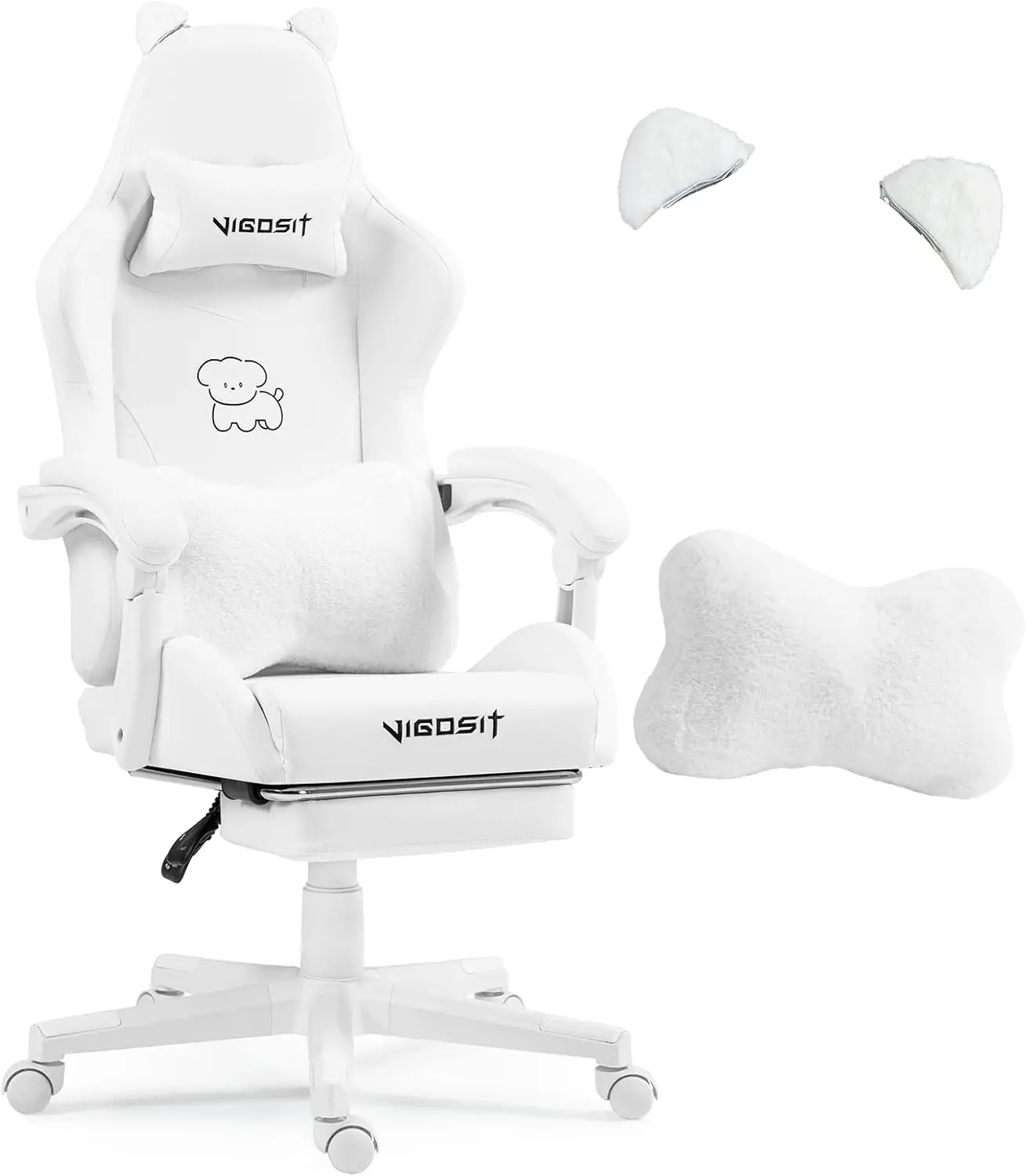 Vigosit Gamingstoel met schattige oren en Kawaii kussen, ergonomische computerstoel voor meisjes met lendensteun