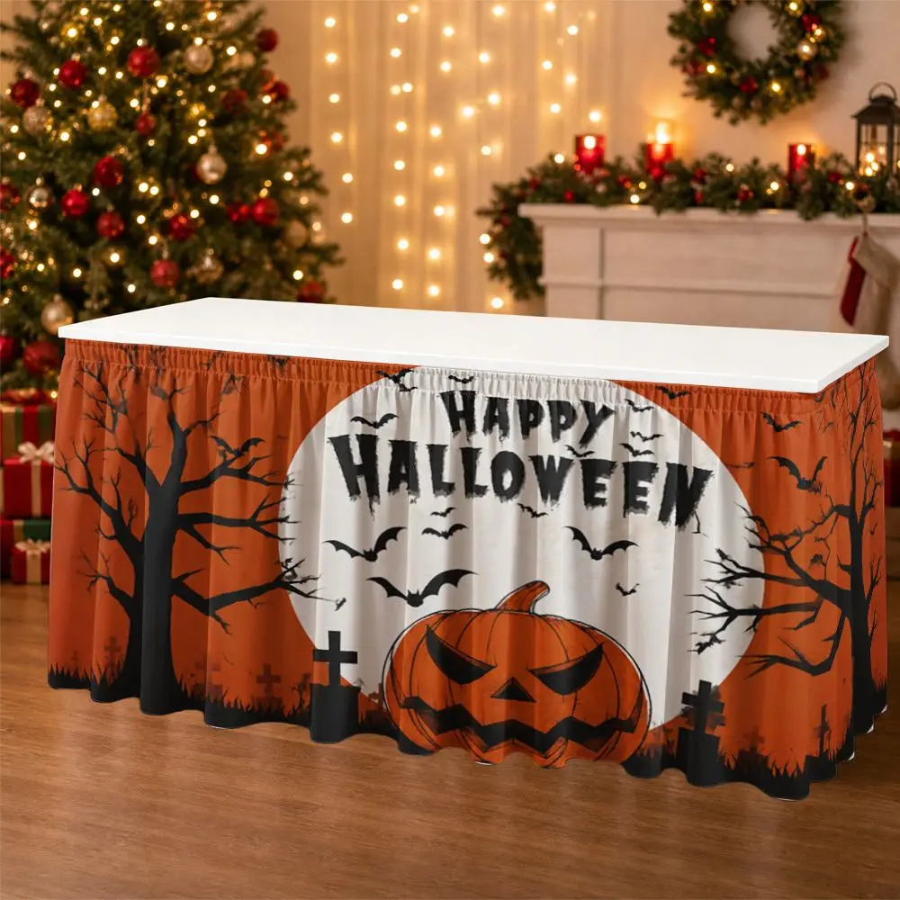 One Halloween party table skirt, 2D printed on a flat surface, made of polyester, a cheerful Halloween pumpkin moonzyc