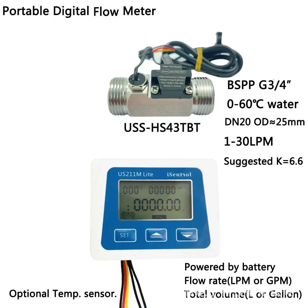 

US211M Lite battery type water flow meter BSPP threaded hexagonal stainless steel impeller USC-HS43TBT