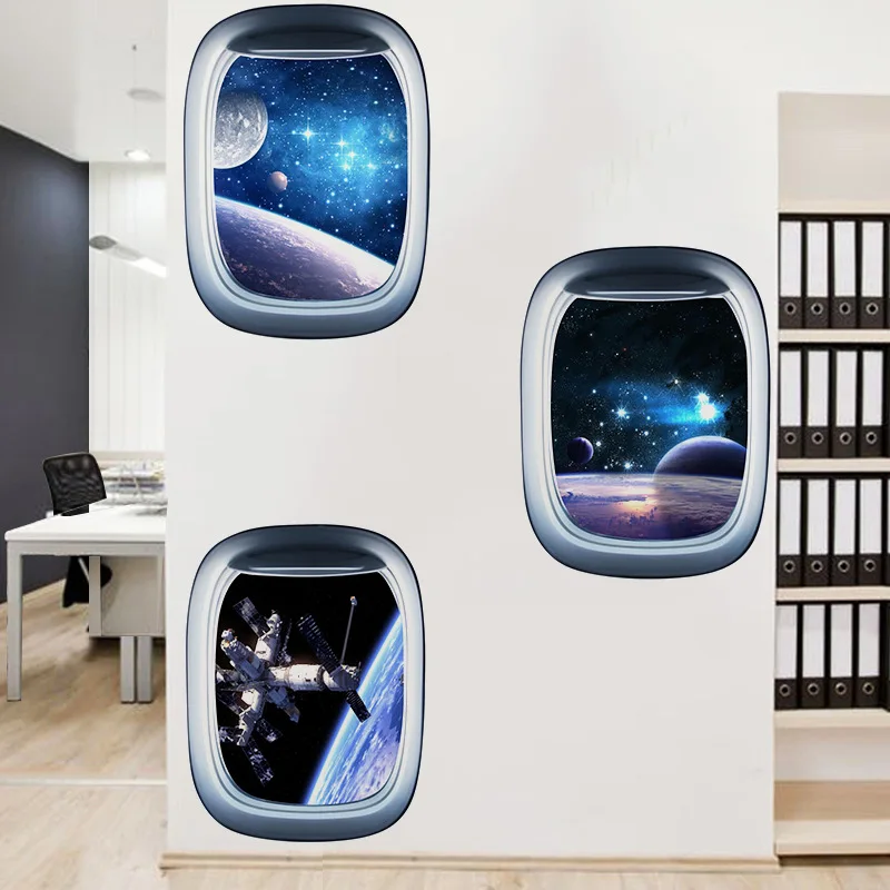 Outside Fake Spaceship Window Starry Wonders 3D Wall Art Vinyl Mural Stickers Home Decorations Stars Planets Poster Wallpaper