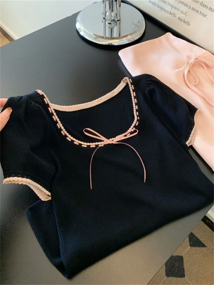 تي شيرت نسائي كوري أنيق مضاد للشيخوخة، محبوك بعقدة ملونة، متعدد الاستخدامات، نحيف، مناسب للصيف