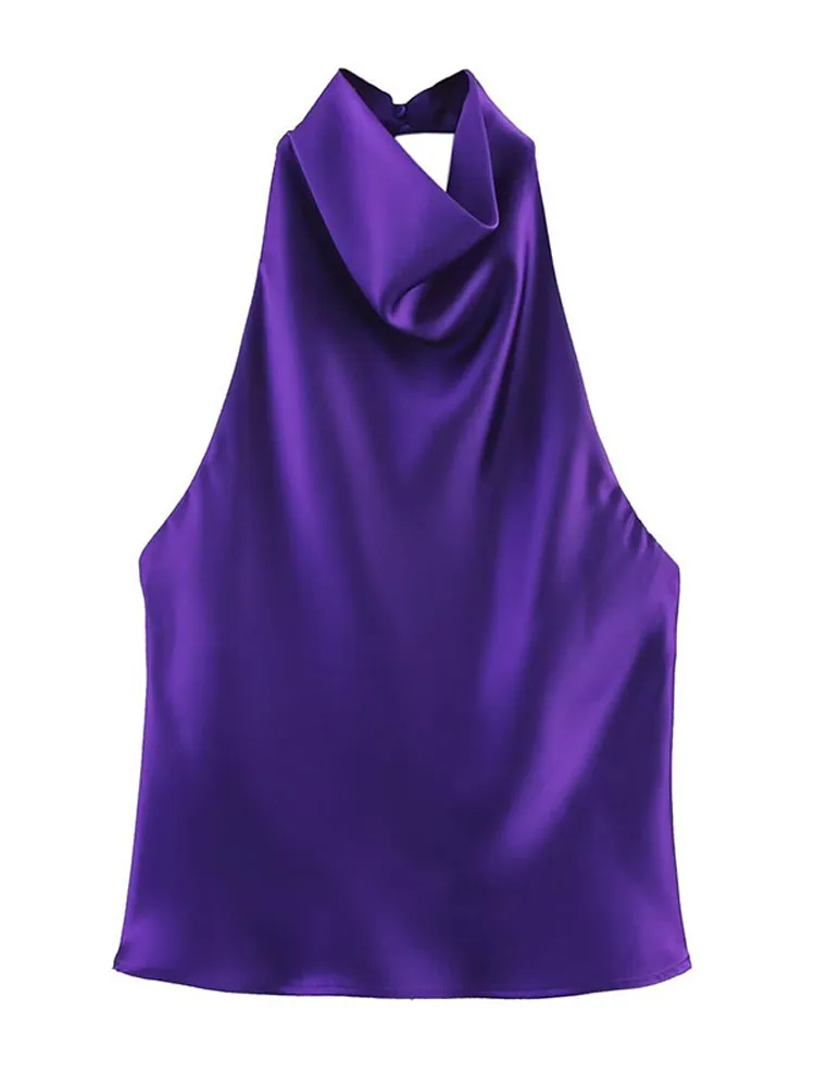Elegant Purple Women Skirt Sets Halter Sleeveless Backless Top Pleated High Split Zipper Skirts  Summer Party Solid Suit