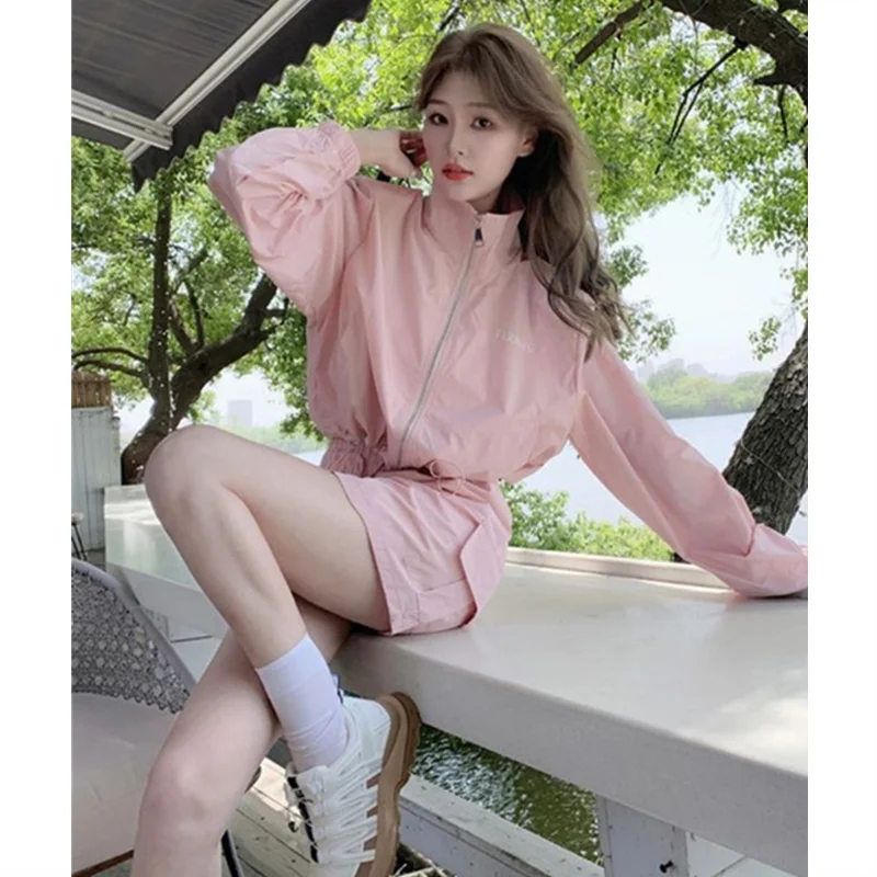 Women Long Sleeve Sun Protection Crop Shirt Skirt Casual Short Style Bottom Two Piece Set Loose Sports Elastic Waist Mini Skirt