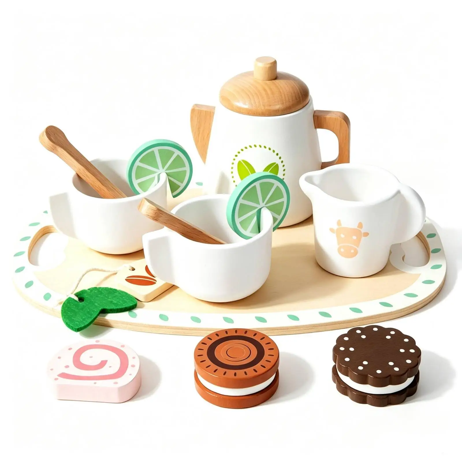 Toy Tea Set for Kids Wooden Kitchen Pretend Play Food Accessories with Teapot and Cups for Children Development