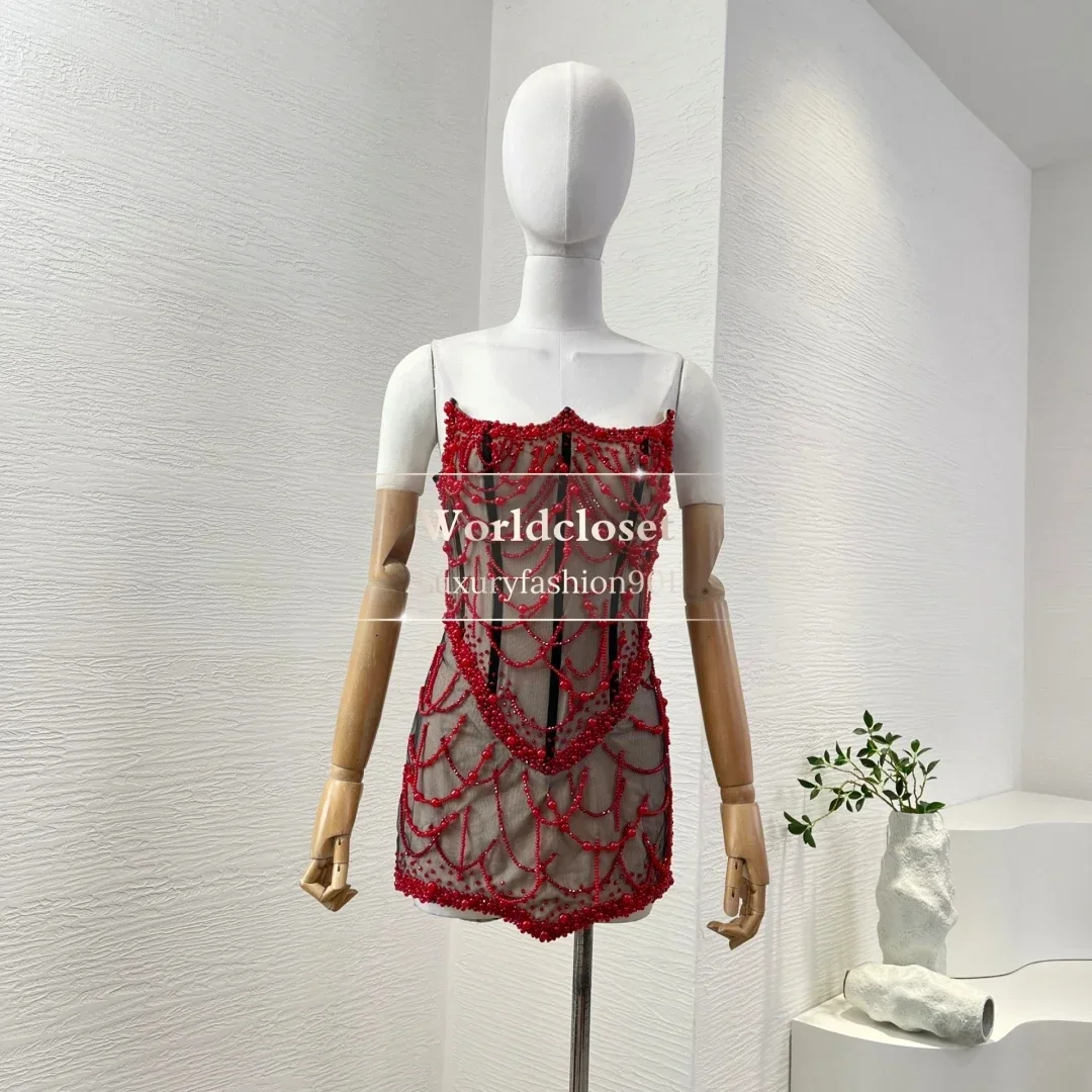 

Мини-платье с бисером для вечеринки, новинка 2025 года, красивое красное прозрачное