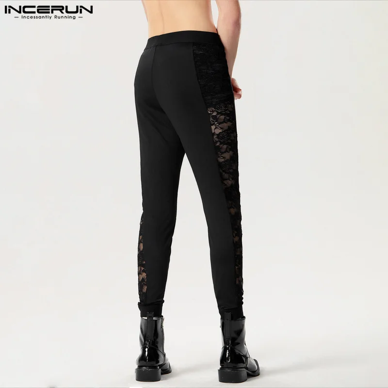 INCERUN Men Pants Lace Patchwork Sexy Elastic Waist Fitness Transparent Male Leggings Streetwear 2024 Fashion Trousers S-5XL