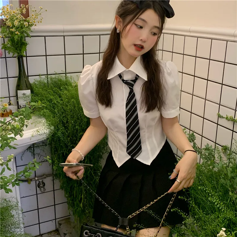 Preppy Style Shirts Women Summer Puff Sleeve Hotsweet Streetwear Harajuku Japanese Solid Single Breasted All-match Simple
