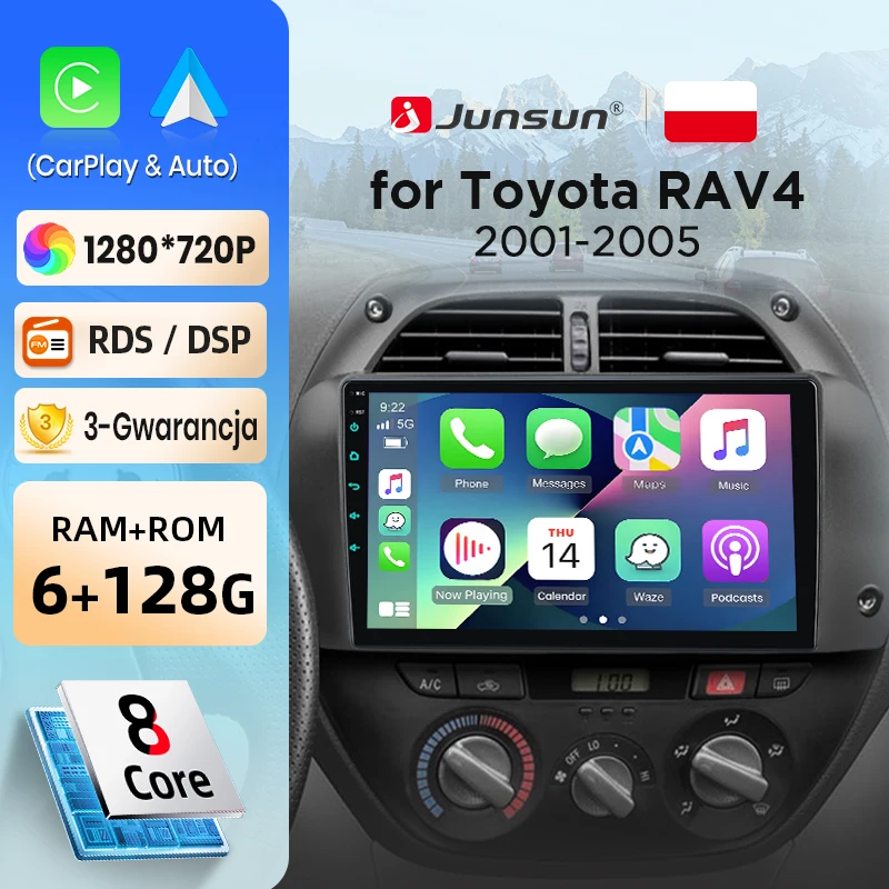 Autoradio Junsun sans fil CarPlay Android Auto pour Toyota RAV4 2001-2005, systèmes intelligents DSP SWC RDS GPS FM BT