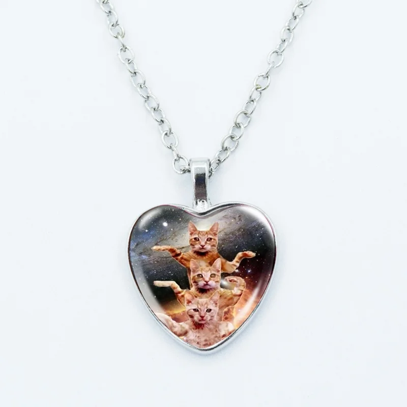 Kreative lustige Katzen-Memes-Herz-Anhänger-Halskette, Tierform, Kunstfoto, Glas-Cabochon-Schmuck, für Kinder und Frauen – Detail 3
