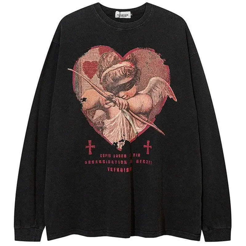 Retro Europe Love Angel Print Y2K Sweatshirt Hip Hop Cool Streetwear Oversized Pullover Dark Goth Tops Harajuku Kawaii Clothes