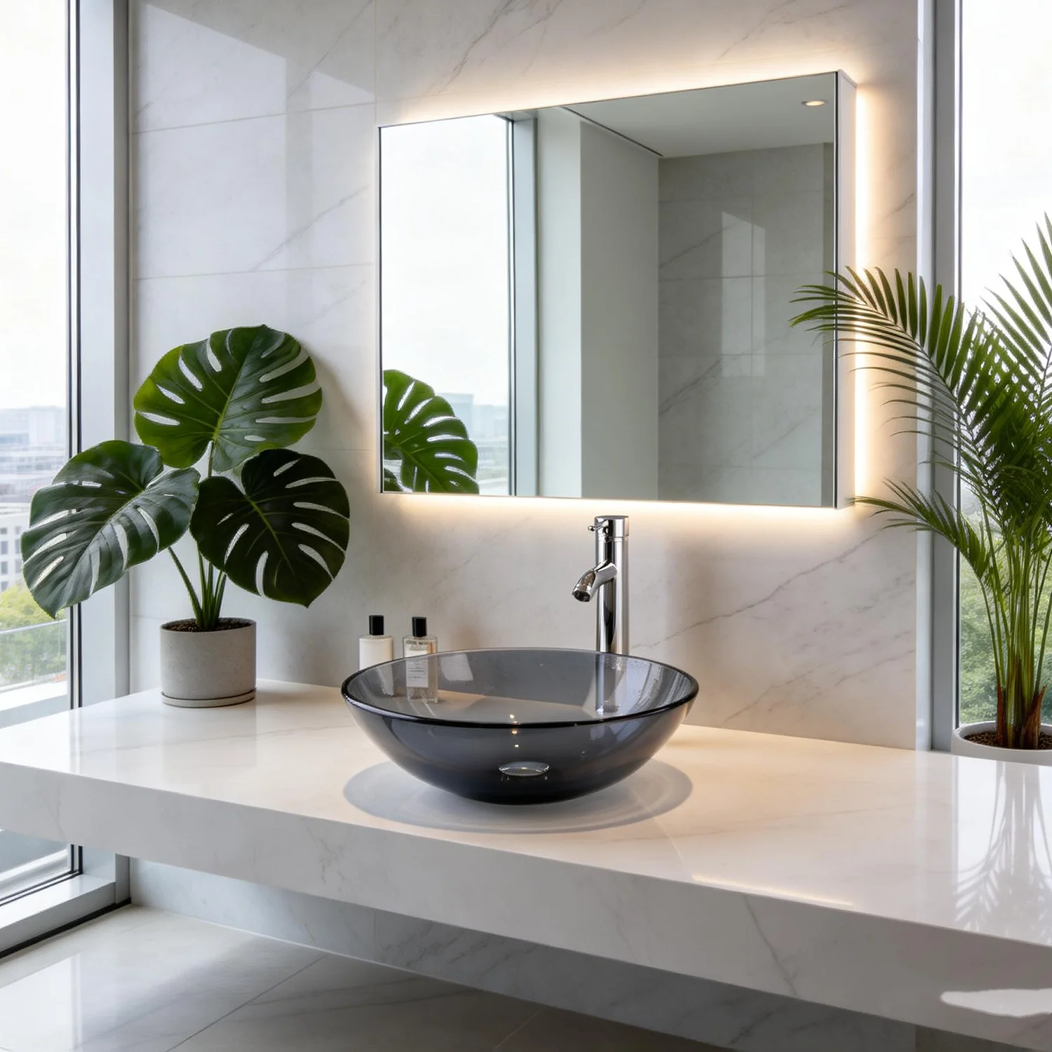 Torayvino Grey Round Bowl Bathroom Basin Faucet Set Transparent Tempered Glass Vessel Faucets Sink Mixer Water Tap W/ Pup Drain