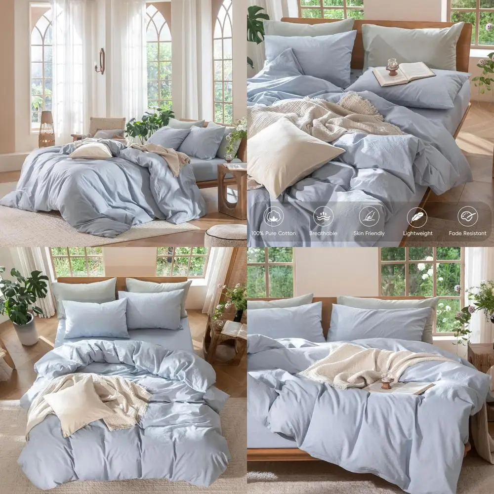 

Bedding Duvet Cover Set 100% Washed Cotton Linen Like Textured Breathable Durable Soft Comfy (Heathered Cornflower Blue, Queen 9