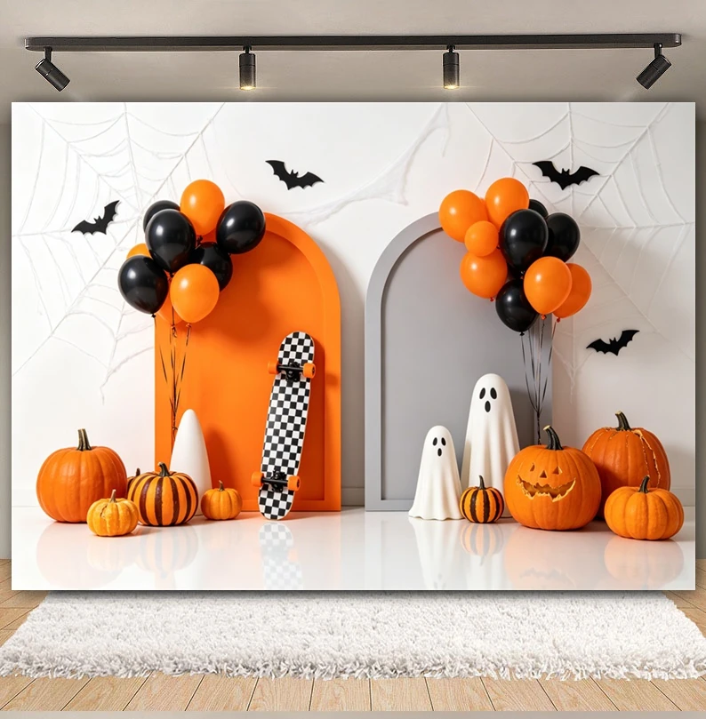 Halloween Decorations Photography Backdrop Arch Balloons Evil Pumpkin Ghost Bat Spider Web Kids Birthday Decor Photo Background