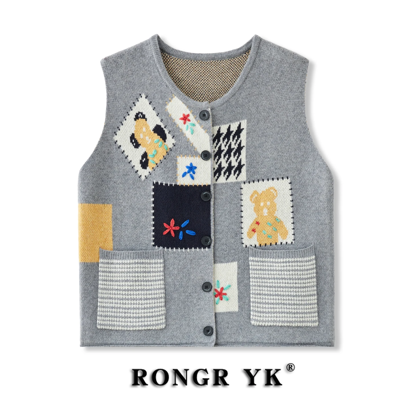 Spring Autumn Cartoon Spliced Color round Ne Knitted Vest Women Loose Embroidered Layering Sweater Vest Outerwear ort Jaet