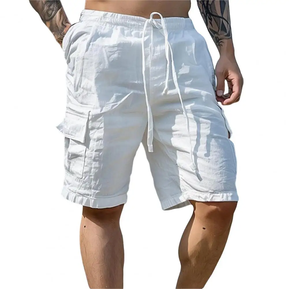 Men Cargo Pants Men's Knee-length Drawstring Shorts With Elastic Waist Multi Pockets For Wear Beach Activities Multi-pocket