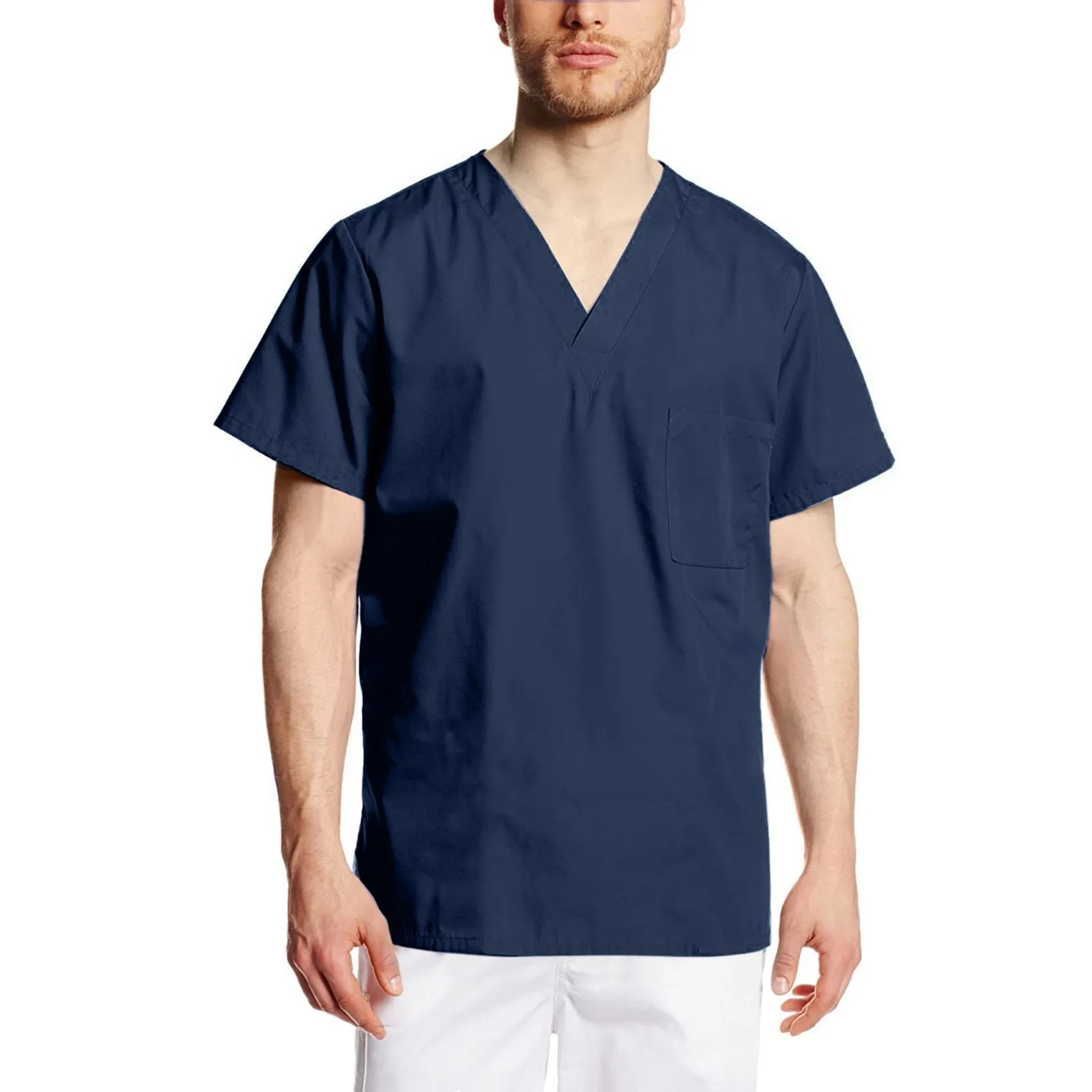 Medical Uniform Mens Nurse Tunic Scrubs Solid V Neck Short Sleeve Blouses Hospital Tops Surgical Workwear Male Dentist Tee