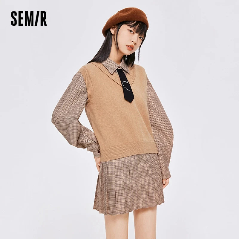 Semir Set Women V-Neck Knitted Tank Top Plaid Shirt & Dress 2023 Autumn New Loose Two Piece Set College Style