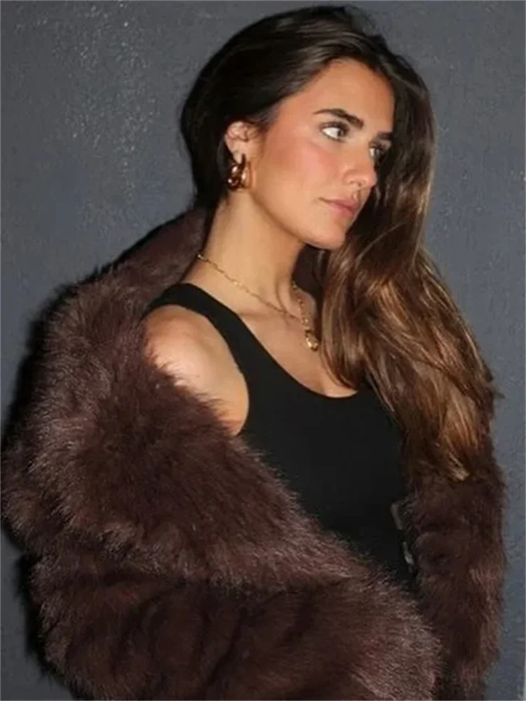 Abrigo de plumas de piel holgado de invierno para mujer, solapa de lujo con retazos, prendas de vestir cálidas de cintura alta esponjosas, abrigo de plumas de piel para mujer