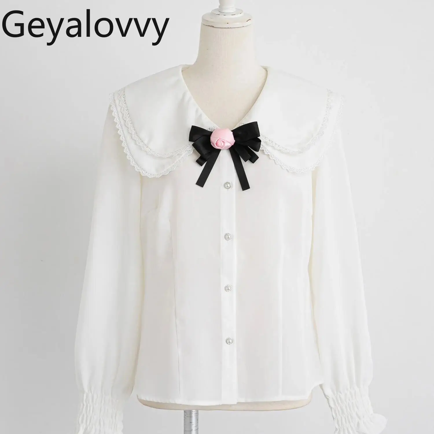 

Весенняя новинка: Милая двухслойная блузка с воротником-стойкой, универсальная, с объемным цветочным бантом, длинными рукавами, белая рубашка для женщин