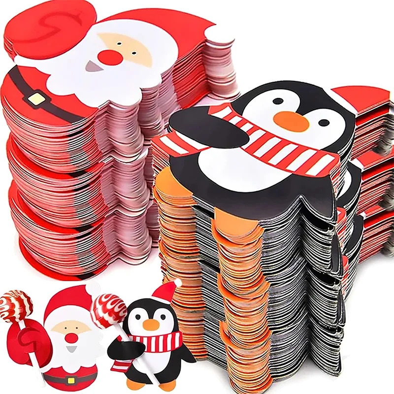 Christmas Lollipop Paper Cards Cartoon Santa Claus Penguin Snowman Kids Candy Gifts Package Wrapping New Year Party Decoration