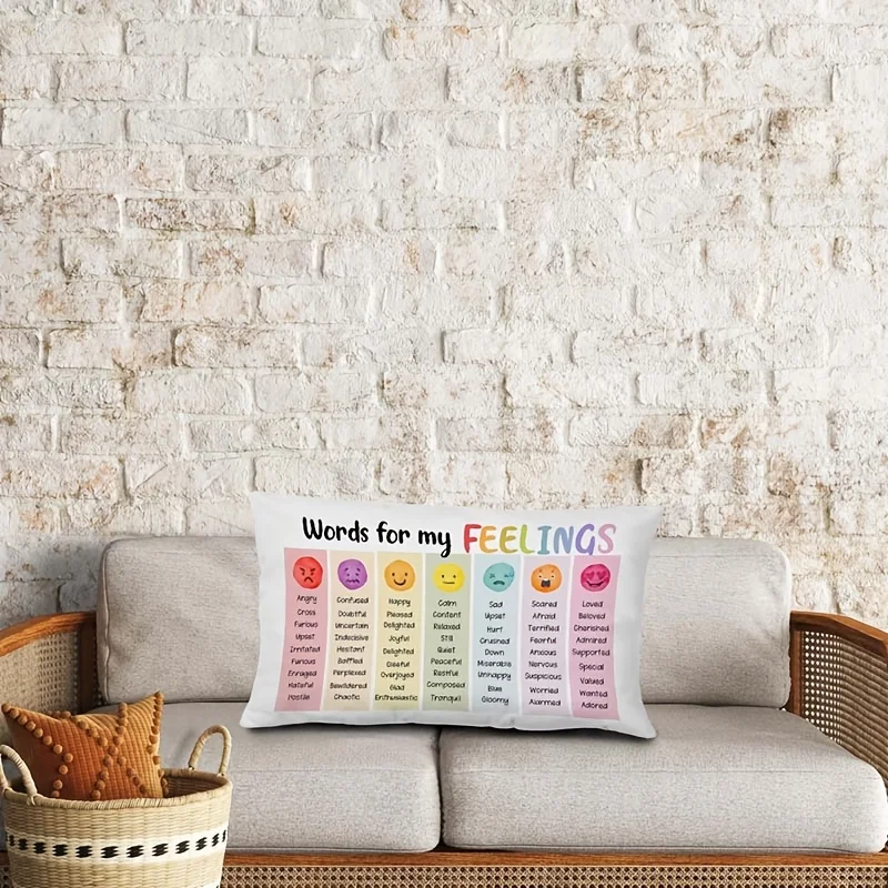 1pc Words for my Feelings Emotion Chart Lumbar Pillow Cover,Suitable for Sofa,Bedroom,Living Room, Kids' Room, Counseling Office