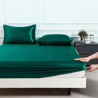3pc Solid Color Fitted Sheet Set 1 bed sheet with 2 pillow cover Satin Fabric Soft Comfortable Breathble Bedding Set for Bedroom 4