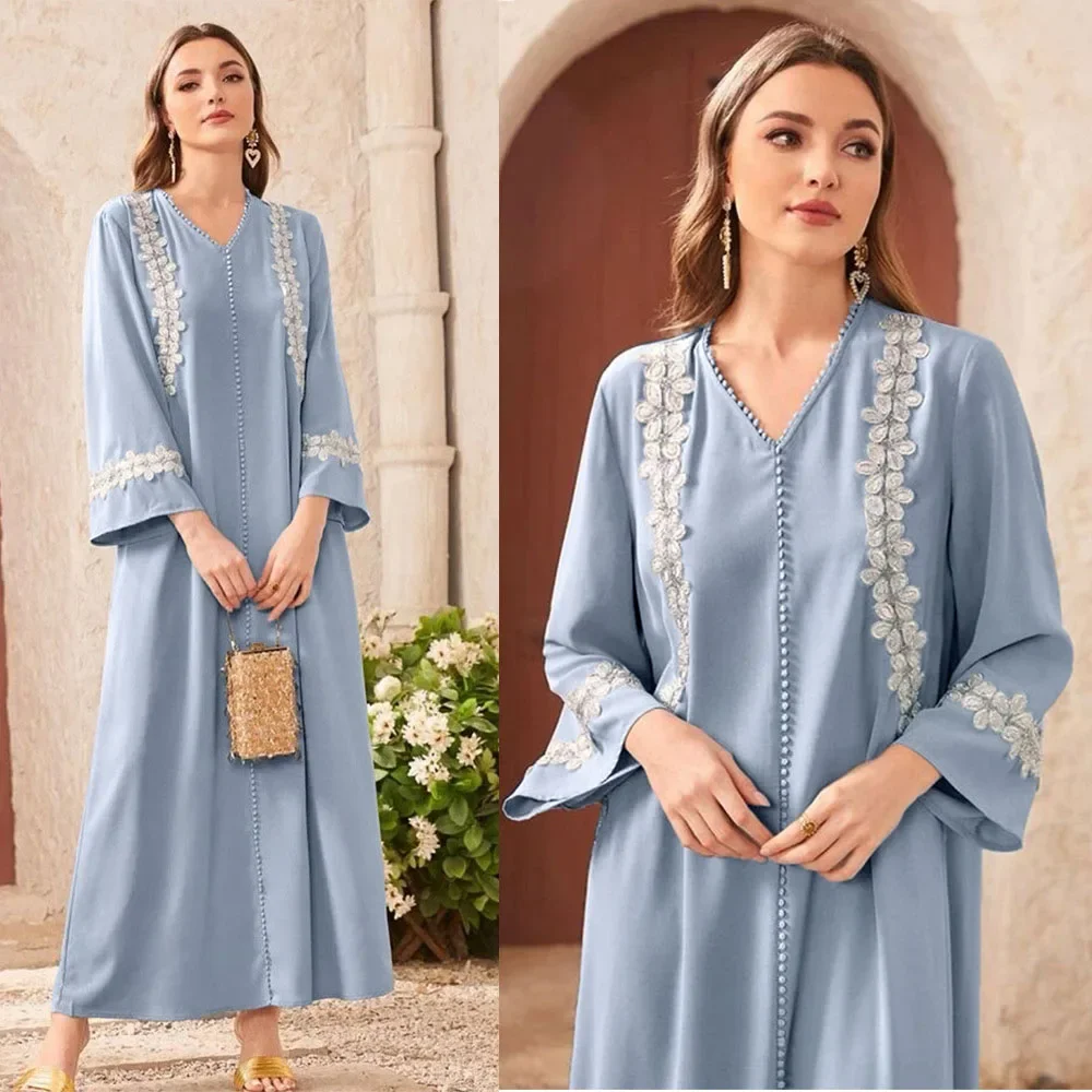 

Lace Applique Abaya Muslim Solid Color Dress Long Robe Moroccan Kaftan Elegant Casual V-neck Gown Middle East Women's Clothing