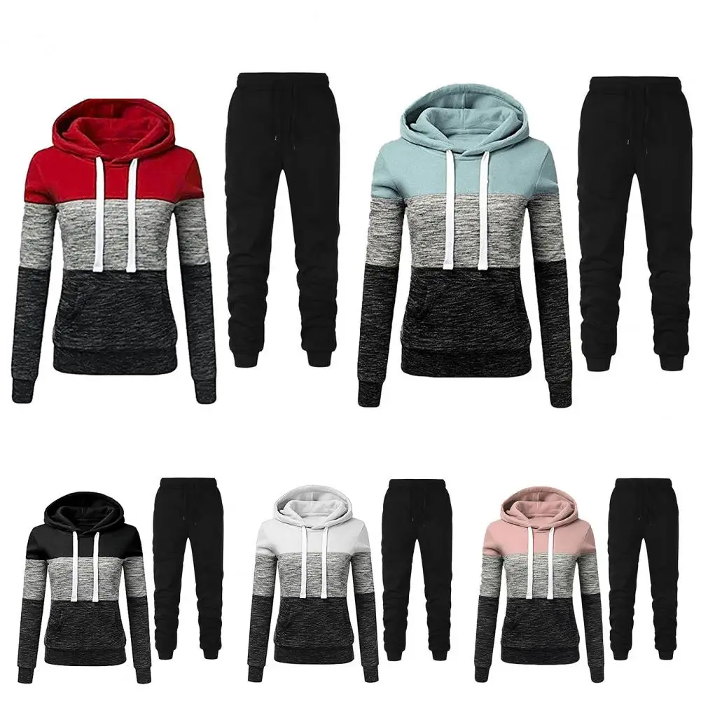 1 Set Simple Pullover Trousers Tracksuit Top Pants Set Color Block Warm Sweatshirt Lace-up Sweatpants  Soft