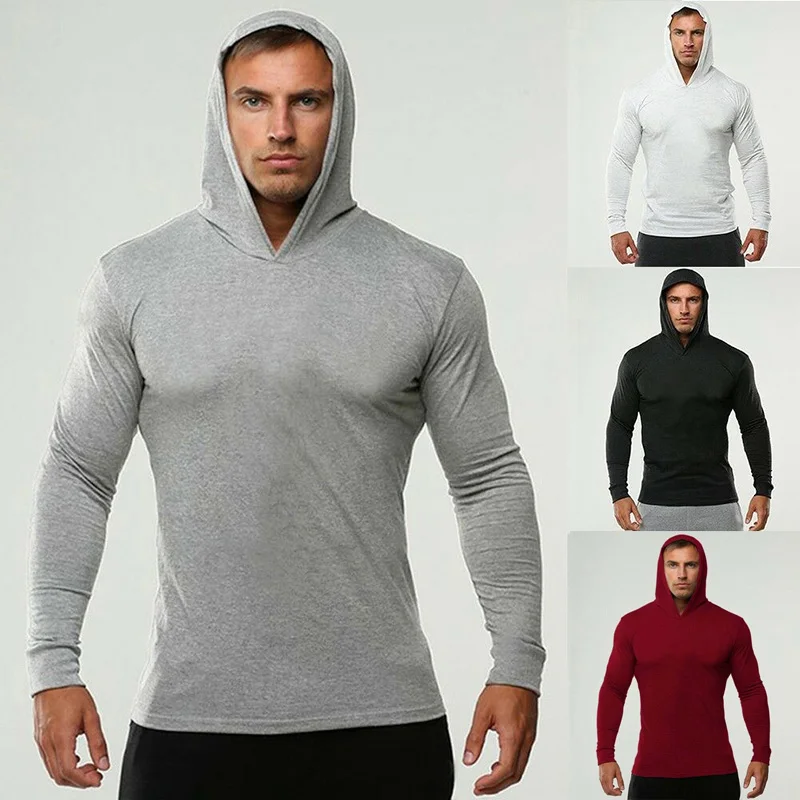 Plain Frühling Herbst Kapuzen T-Shirts Herren Baumwolle Fitness Langarm Hoodies Atmungsaktive Workout Gym Kleidung Sport Muskel Shirts
