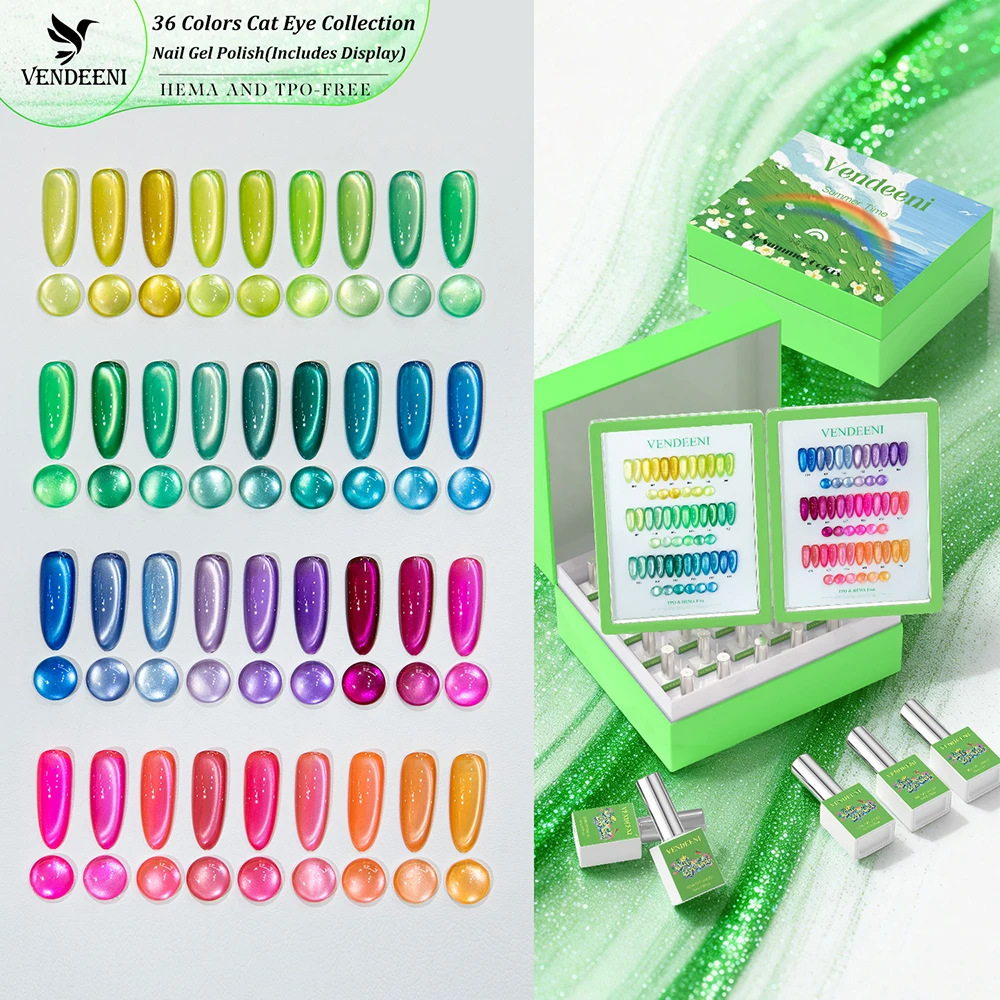 Vendeeni 36 Colors/Set Spring Summer Neon Cat Eye Gel Nail Polish Semi Permanent Magnetic UV Soak Off Gel Varnish With Display