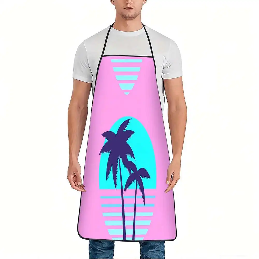 1pc Retro Palm Tree Sunset Print Apron - Adjustable Waistband, Durable & Easy-Clean Polyester Apron with Palm Tree & Sunset Desi