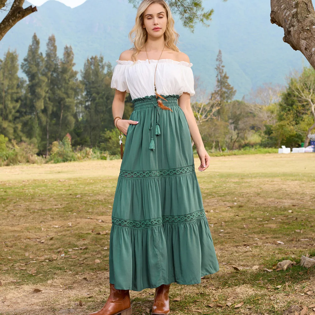 SD Women Tiered Swing Skirt High Waist Elastic Drawstring Waist Ankle-length Flared A-Line Maxi Skirt Vintage Fashion Elegant