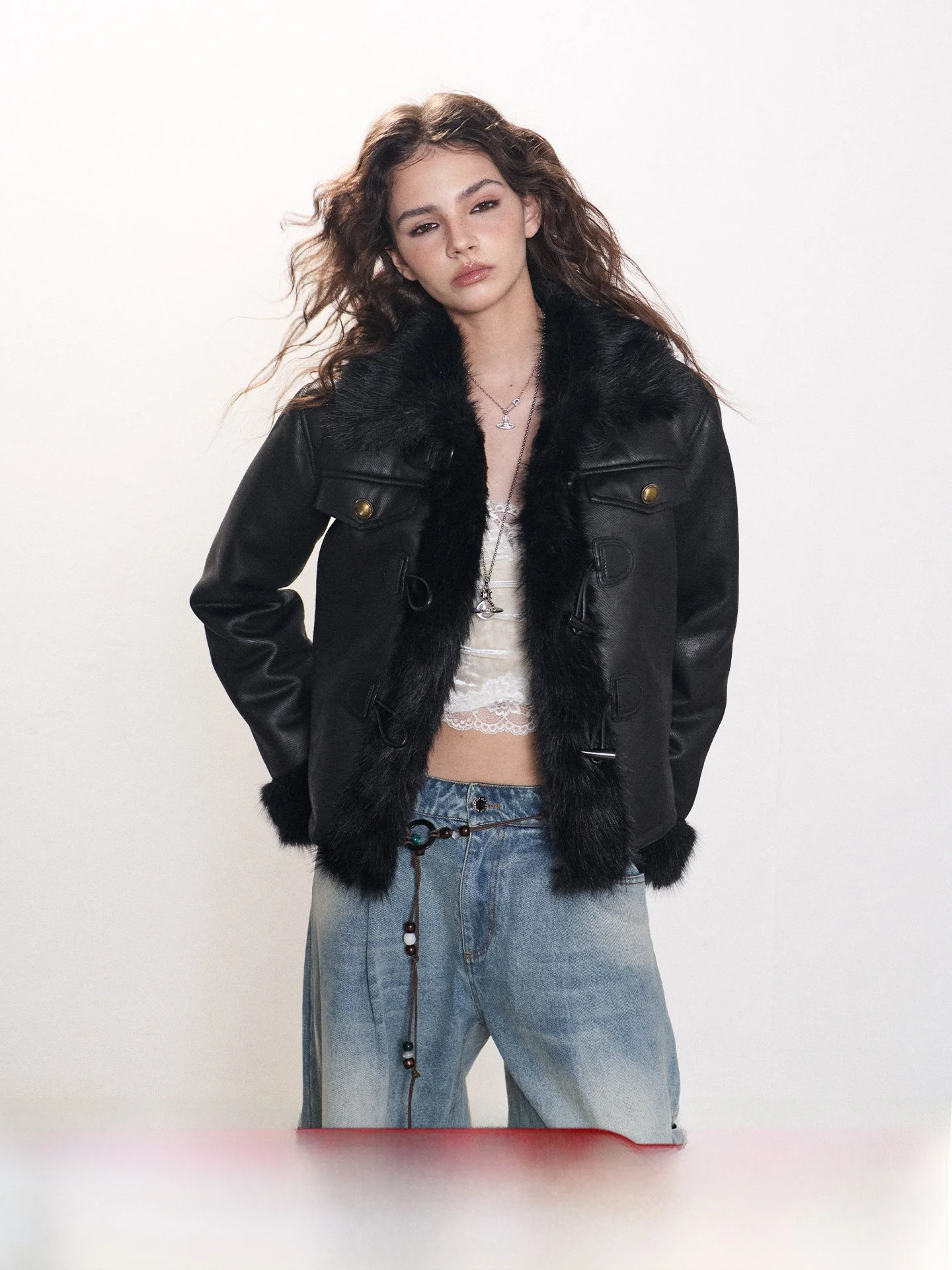 

Goosfir Original Design Vintage Faion Leather And Fur Jaet ort Warm Autumn Winter Sle Women's Casual Fit Coat