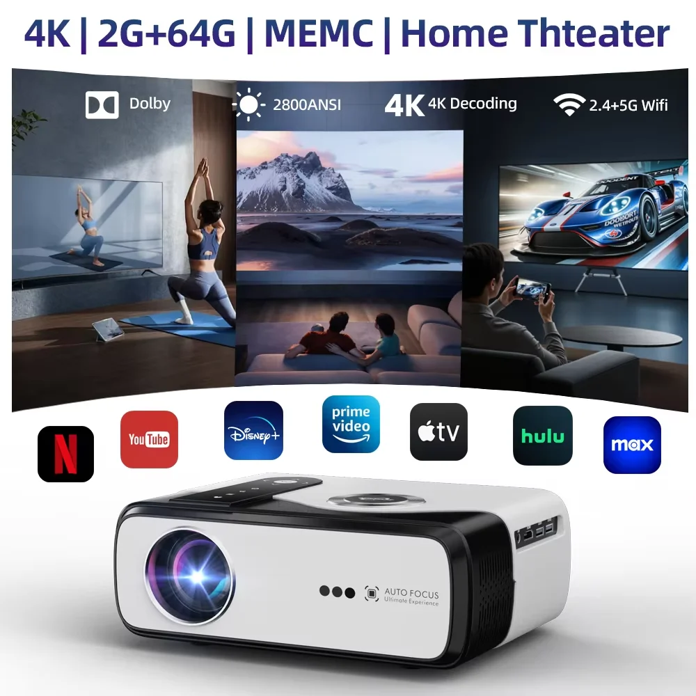 

new 4K 2800ANSI portable projector auto focus 2+64G UHD home theater HDR10+ 2.4+5G dual wifi dobly smart tv MEMC movie projector