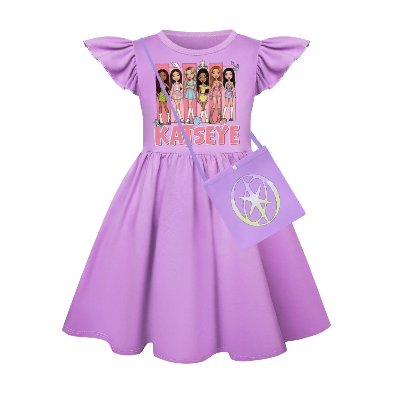 Hot Katseye Funny Print Dress for Summer Girls Kids Princess Tank Top Dress Girls Dresses Flying sleeve Childre Clothes +Bag